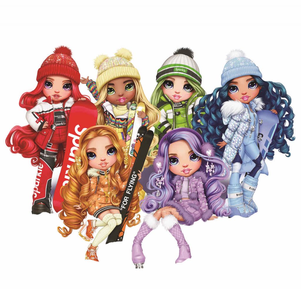 Rainbow High 6 Wintersportvakantie-modepoppen: Ruby Anderson, Poppy Rowan, Sunny Madison, Jade Hunter, Skyler Bradshaw en Violet Willow.
