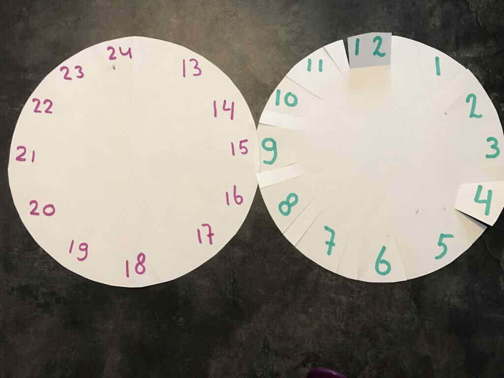maak zelf een klok van paper waarop een kind kan leren klok kijken. 